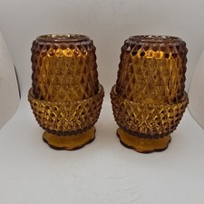 Vtg Amber Fairy Lamps Set Of 2 Indiana Glass Diamond Point Candle Holders USA picture