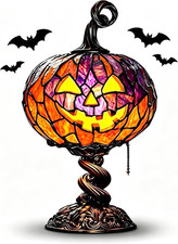 Stained Glass Halloween Pumpkin Table Lamp, Stained Resin Jack O Lantern Nigh... picture