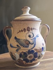 Vintage Tonala Pottery Mexico Lidded Jar Bird & Floral Folk Art picture