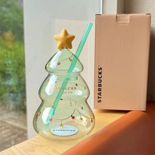 Authentic Starbucks China Christmas Tree 22oz Glass Straw Cup Tumbler gift picture