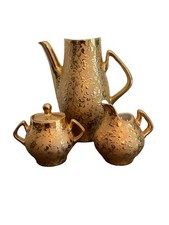 Vintage Kingwood Ceramics Weeping Gold 22K Coffee Pot Sugar Creamer Set Ohio USA picture