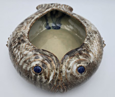 Vintage Double Fish Ceramic Bowl Sculptural Art Pottery Blue Eyes 12