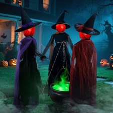Set of 3 Lighted Witch Figures with Cauldron Prop Outdoor Halloween Decoration picture
