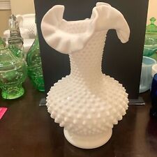 Vintage Fenton White Milk Glass Ruffled Hobnail Vase 11” picture