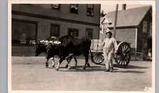 OX CART & DRIVER ON STREET c1920s real photo postcard rppc ox-drawn wagon picture