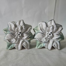 Vintage Ceramic Poinsettia Salt and Pepper Shakers Set White Silver Trim Holiday picture