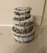 African Hand Beaded Lidded Trinket Boxes Set of 3 Zulu Style Seed Bead Baskets picture
