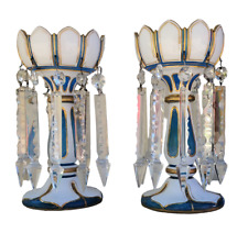 Pair Victorian Mantle Lusters Candle Dangle Crystals Blue Milk Glass Gold Gilt picture
