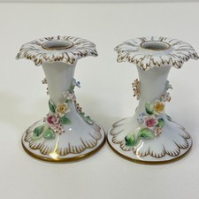Vintage Portugal Porcelain Applied Floral Candlestick Holders Pair 3 3/4
