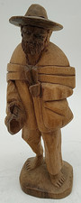 Vtg Wood Carved Old Man Holding Bag Sack Statue Art Sculpture Barefoot Oriental? picture