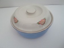 Hall Vintage Cottage Blue Pink Floral Casserole Dish and Lid Silver Trim picture
