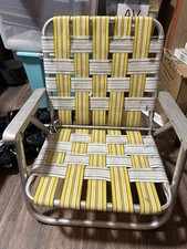 Vintage yellow Webbed Aluminum Folding Lawn Chair Low picture