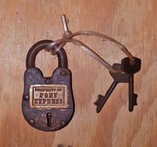Property Of Pony Express Working Cast Iron Lock With 2 Keys Rusty Antique Finish picture