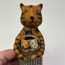 Vtg Folk Art Mom Cat W/ 3 Kittens In Wicker Basket Figurine Signed BRC picture