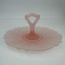 Vintage Pink Frosted Glass Handled Dish Candy Tray Art Deco Style picture