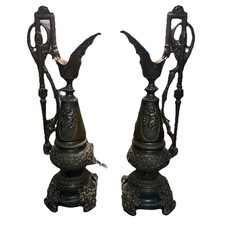 Lot Of 2 Antique Victorian Cast Iron Bronze Urn Pitcher Ewer Incense Burner picture