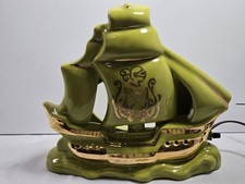 Vtg MCM Ceramic Sailing Ship Tv Lamp Green Glaze Gold Trim Tested Works picture