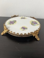 Antique Wm Guerin Limoges Porcelain Table Plateau Ormolu Cherub Feet Violets 7