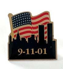 Vintage 9-11-01 Commemorative American Flag Skyline NY City Enamel Lapel Pin picture