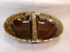 Vintage Canonsburg Pottery Stoneware Brown Drip Glaze Oval Divided Serving Bowl picture