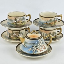 Vintage Japanese Satsuma Tea Set Hand-Painted Mount Fuji Waterside Villages picture