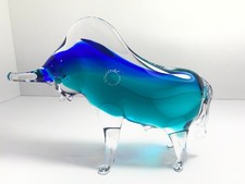Murano Signed V. Nason Italy Art Glass Bull Figurine Blue Teal 8