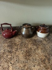 Dark Brown Ceramic Crockery Bean Pot w/ Tea Pot Single Handle & Lids picture