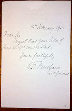 Lt General Sir Hew Dalrymple Fanshawe (1860-1957) Autograph ~ Signed Letter picture