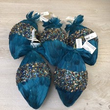 S/5 Pier 1 Imports Teal Teardrop Feathered Embellished Christmas Ornaments NWT picture