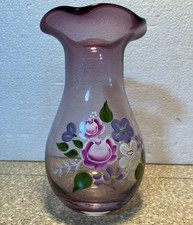 Fenton Teleflora Vase Hand Painted Flowers Ruffled Top Amethyst Purple 8