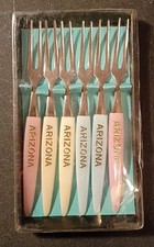 6 Vtg 1960s Souvenir Stainless Steel Mini Appetizer Forks  ARIZONA picture