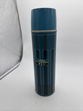Vintage Mid Century Thermos Blue Picnic Geometric Metal Hot Cold Beverage Bottle picture