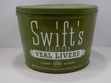 Vintage Swift's Selected Veal Livers 15 LB Green Advertising Tin Can w Lid picture