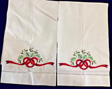 Vintage Embroidered Christmas Hand Towels  White Linen Holly & Red Ribbon Pair picture