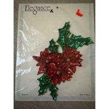 New Vintage Elegance Poinsetta Christmas Poinsetta Holly Sequin Appliqué Patch picture