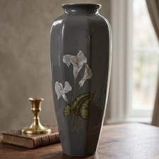 Vintage Yamaji Japan Gray Porcelain Vase White Calla Lily Floral Decor picture