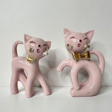 2 Vtg Pink Spaghetti Cat Figurines Gold Tone Bow Kitsch MCM 50s 60s Whimsical picture