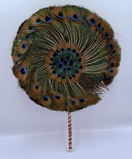 Real Peacock Feather Round Fan With Metallic Colorful Ribbon Wrapped Handle picture