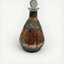 Decanter Circa 1900’s Made in Germany Cut Glass Silver Overlay Orange Pink picture