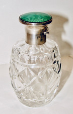 VINTAGE STERLING SILVER GUILLOCHE GREEN CUT CRYSTAL  BIRMINGHAM PERFUME BOTTLE picture