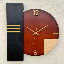 Geometric Wall Clock Mahogany Finish Gold Mid Century Modern Art Deco Handmade picture