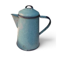 VTG Turquoise Blue Speckled Enamelware Coffee Pot Kettle Lid Farmhouse rustic picture