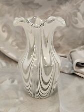 Clear White pulled Feather Pattern Art Glass Vase Ruffled Edge picture