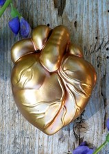 Anatomical Gold Heart Clay Ornament Handmade Mexican Folk Art Love Token Sm Sz picture