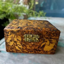 VTG Pyrography Wooden Trinket Box 4.25 Inch Floral Hinged Lid Flemish Pyro Art picture