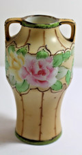 Antique Nippon Green Mark Hand Painted 2 Handled Rose Porcelain Vase 1911-1921 picture