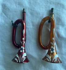 Two Vintage German Antique Mercury Glass Horns Christmas Ornament 1930s picture