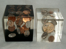 LUCITE 900 SILVER COINS 1957 PROOF SET PENNY 1970 PAPERWEIGHT picture