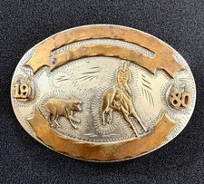 Vintage Western Flair 1980 Cutting Horse Calf German Silver Trophy Belt Buckle picture