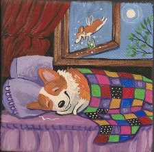 4X4 FOLK ART PRINT OF  PAINTING RYTA PEMBROKE WELSH CORGI TOOTH FAIRY FOLK Art picture